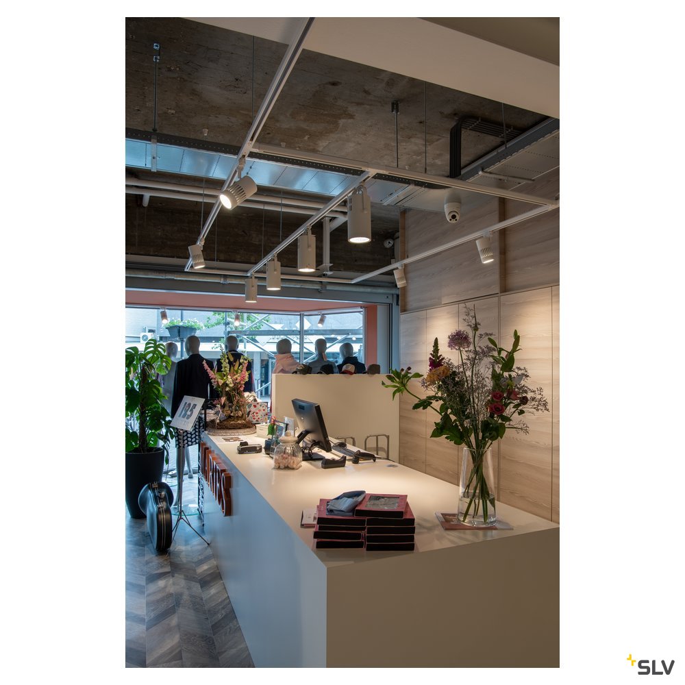 SLV STRUCTEC LED Strahler für 3Phasen Hochvolt-Stromschiene, 24W, 3000K, 36°, weiss, inkl. 3 Phasen Adapter