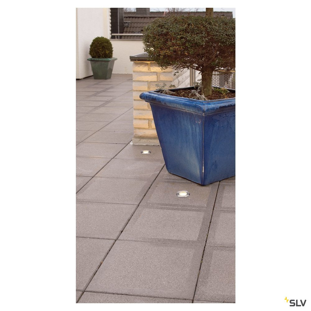 SLV DASAR FLAT LED 230V Bodenein- baustrahler, rund, 4,3W LED, warmweiss, Edelstahlblende